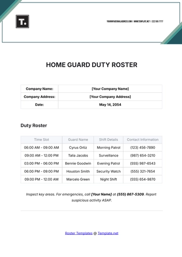 Free Homeguard Duty Roster Template to Edit Online