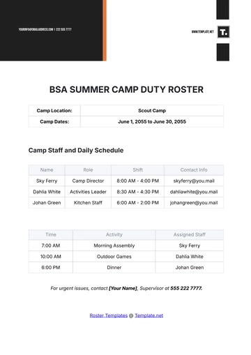 Free BSA Summer Camp Duty Roster Template to Edit Online