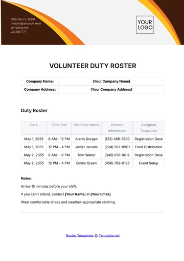 Free Volunteer Duty Roster Template to Edit Online