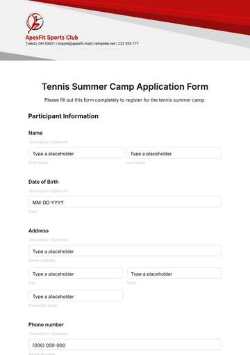 Free Tennis Summer Camp Application Form Template to Edit Online