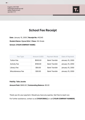 Free School Fee Receipt Template to Edit Online