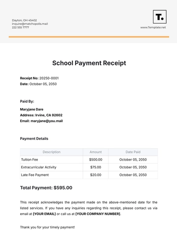 Free School Payment Receipt Template to Edit Online