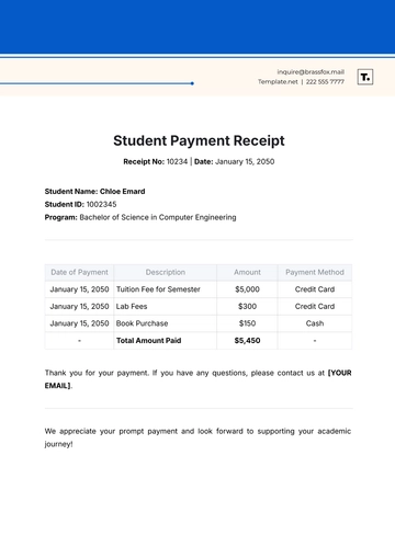 Free Student Payment Receipt Template to Edit Online