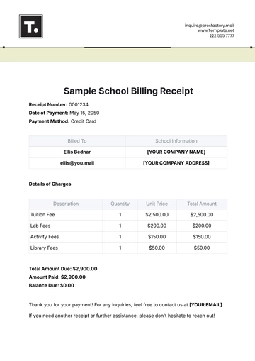 Free Sample School Billing Receipt Template to Edit Online