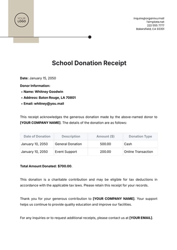 Free School Donation Receipt Template to Edit Online