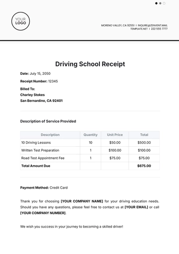 Free Driving School Receipt Template to Edit Online
