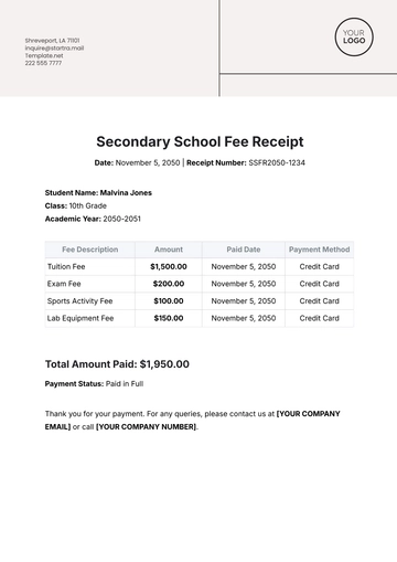 Free Secondary School Fee Receipt Template to Edit Online
