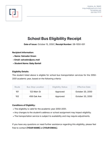 Free School Bus Eligibility Receipt Template to Edit Online