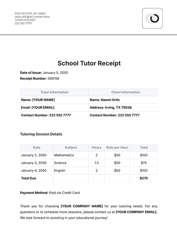 Free School Tutor Receipt Template to Edit Online
