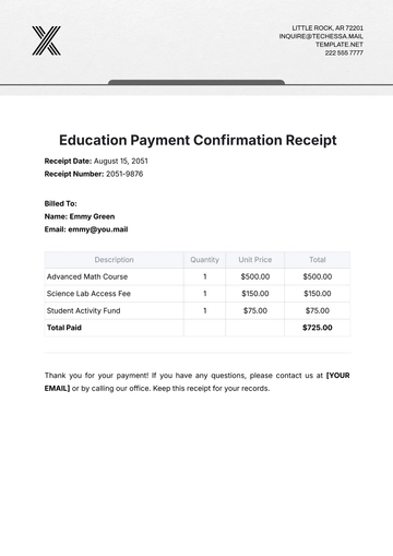 Free Education Payment Confirmation Receipt Template to Edit Online