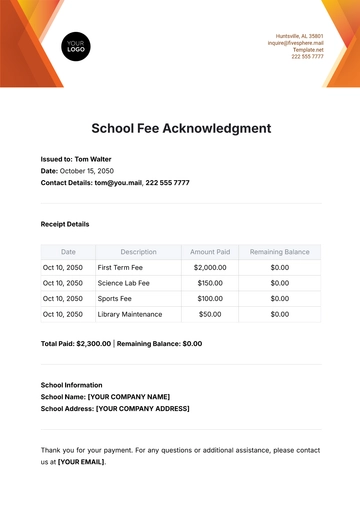Free School Fee Acknowledgment Template to Edit Online