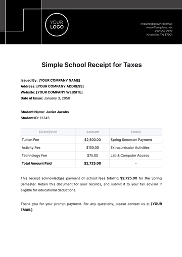 Free Simple School Receipt for Taxes Template to Edit Online