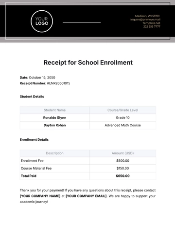 Free Receipt Template for School Enrollment to Edit Online