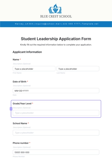 Free Student Leadership Application Form Template to Edit Online