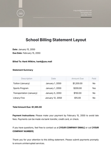 Free School Billing Statement Layout Template to Edit Online