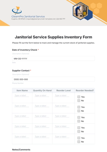 Free Janitorial Service Supplies Inventory Form Template to Edit Online
