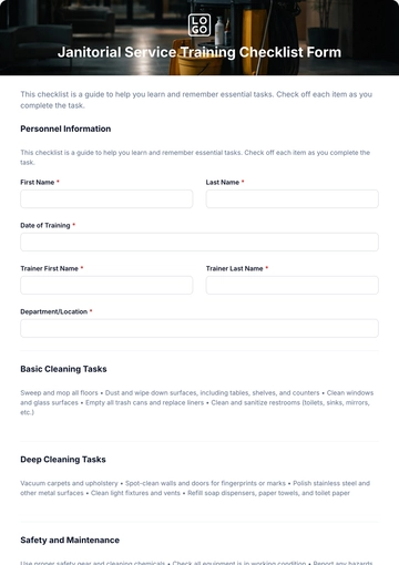 Free Janitorial Service Training Checklist Form Template to Edit Online