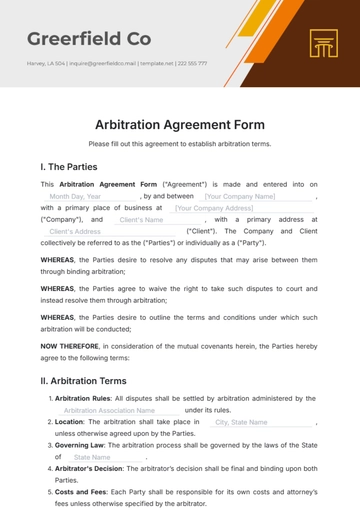Free Arbitration Agreement Form Template to Edit Online