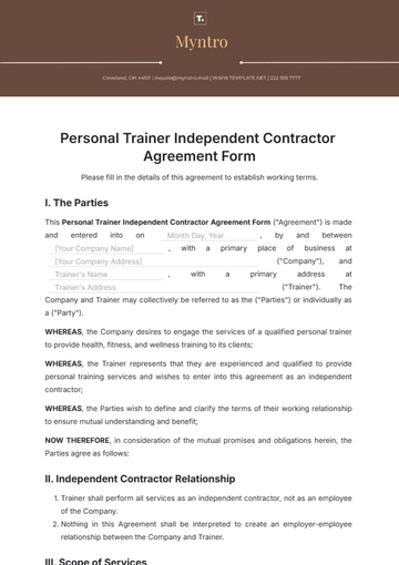 Free Personal Trainer Independent Contractor Agreement Form Template to Edit Online