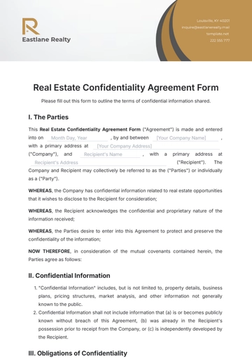 Free Real Estate Confidentiality Agreement Form Template to Edit Online