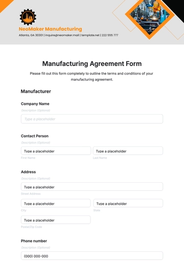 Free Manufacturing Agreement Form Template to Edit Online
