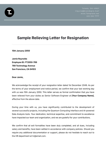 Free Sample Relieving Letter for Resignation Template to Edit Online
