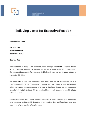 Free Relieving Letter for Executive Position Template to Edit Online