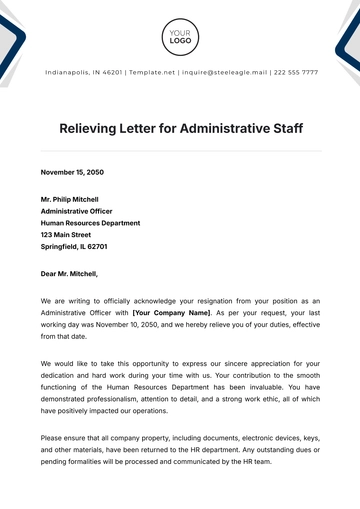 Free Relieving Letter for Administrative Staff Template to Edit Online