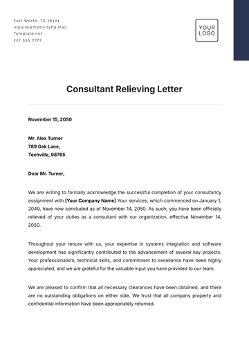 Free Consultant Relieving Letter Template to Edit Online
