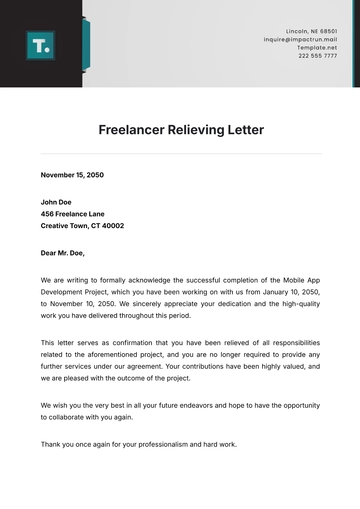 Free Freelancer Relieving Letter Template to Edit Online