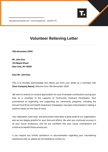 Free Volunteer Relieving Letter Template to Edit Online