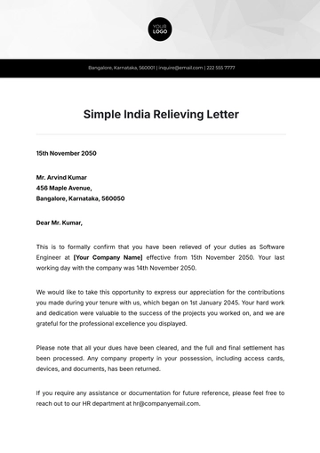 Free Simple India Relieving Letter Template to Edit Online