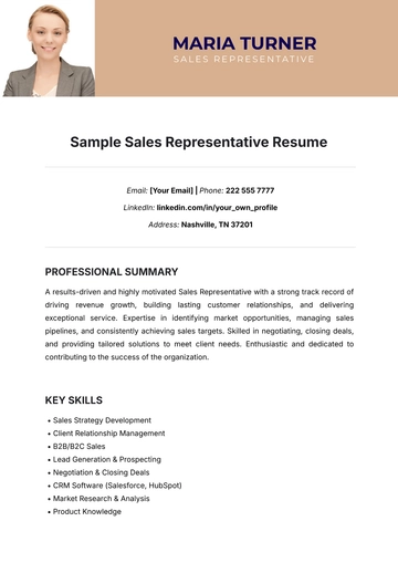 Free Sample Sales Representative Resume Template to Edit Online