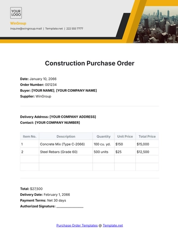 Free Construction Purchase Order Template to Edit Online