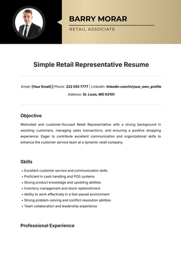 Free Simple Retail Representative Resume Template to Edit Online