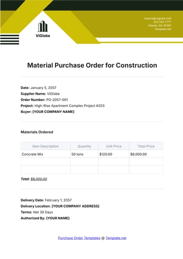Free Material Purchase Order Template for Construction to Edit Online
