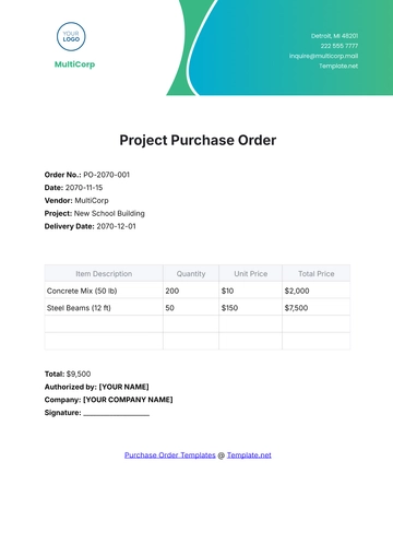 Free Project Purchase Order Template to Edit Online