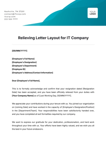 Free Relieving Letter Layout for IT Company Template to Edit Online