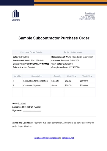 Free Sample Subcontractor Purchase Order Template to Edit Online