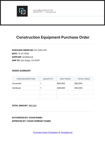 Free Construction Equipment Purchase Order Template to Edit Online