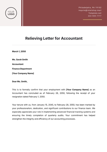Free Relieving Letter for Accountant Template to Edit Online