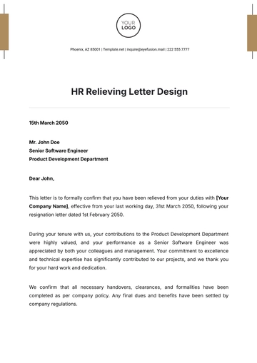 Free HR Relieving Letter Design Template to Edit Online