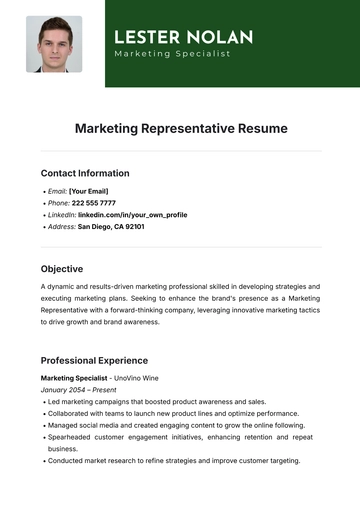 Free Marketing Representative Resume Template to Edit Online