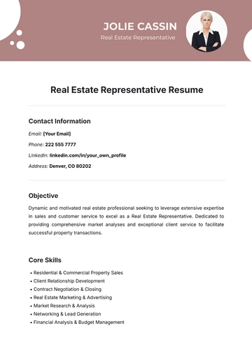 Free Real Estate Representative Resume Template to Edit Online
