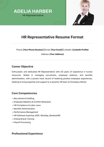 Free HR Representative Resume Format Template to Edit Online