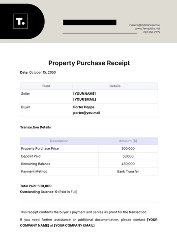 Free Property Purchase Receipt Template to Edit Online