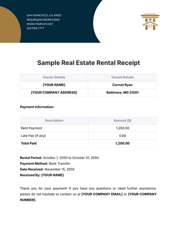 Free Sample Real Estate Rental Receipt Template to Edit Online