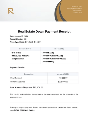 Free Real Estate Down Payment Receipt Template to Edit Online