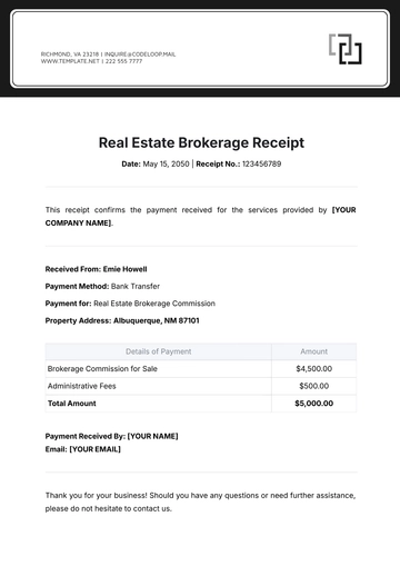 Free Real Estate Brokerage Receipt Template to Edit Online
