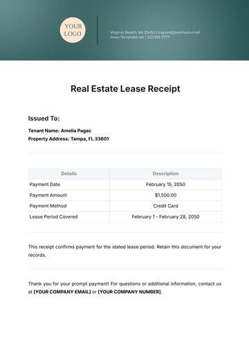 Free Real Estate Lease Receipt Template to Edit Online